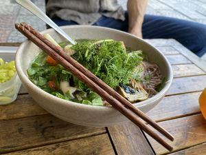 Fish style noodle soup (bottom option on current menu Feb 2023  at Bon's Vegan Bistro in Ho Chi Minh City