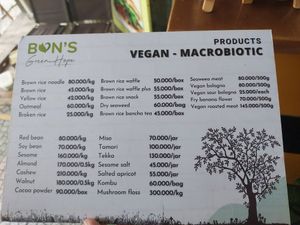 Menu at Bon's Vegan Bistro in Ho Chi Minh City