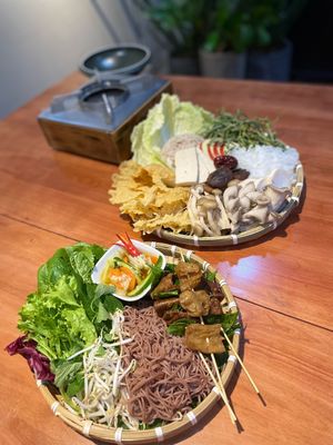 Hanoi Bun Cha noddle is tastety and unique here. Full of herd and grilled vegan meat. Hard to find Hanoi bun cha in other restaurant.

The mini hot pot is also delicious. at Bon's Vegan Bistro in Ho Chi Minh City