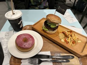 Teriyaki avocado burger, sakura donut, and cold-pressed juice  at 2foods - Ginza Loft in Tokyo