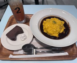 Omurice set with iced tea, plus choc gateau for dessert  at 2foods - Ginza Loft in Tokyo