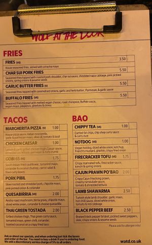 Menu  at Wolf at the Door in Manchester