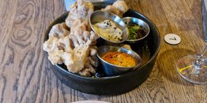 karaage cauliflower: crispy fried cauliflower, triple dips (ve) at Wolf at the Door in Manchester