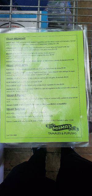 Vegan menu back 2022 at Mama's International Tamales in Los Angeles