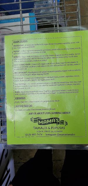 Vegan menu front 2022 at Mama's International Tamales in Los Angeles
