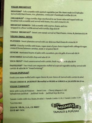Vegan Menu  at Mama's International Tamales in Los Angeles