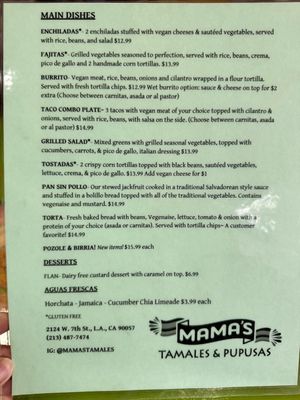 Vegan Menu  at Mama's International Tamales in Los Angeles