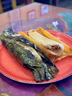 El Salvadorian and Jackfruit Roja Tamales  at Mama's International Tamales in Los Angeles