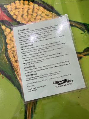 Vegan menu 13 June 2025  at Mama's International Tamales in Los Angeles
