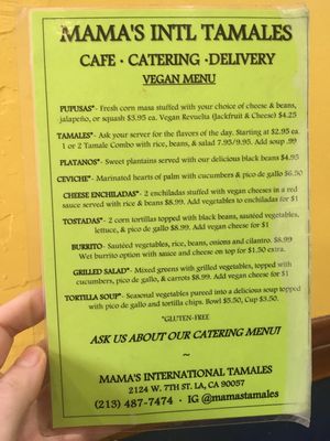 Their menu as of Feb 2019 👍🏻 at Mama's International Tamales in Los Angeles