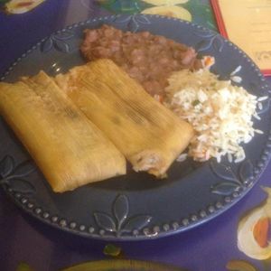 spinach and mushroom tamales, rice and beans! at Mama's International Tamales in Los Angeles
