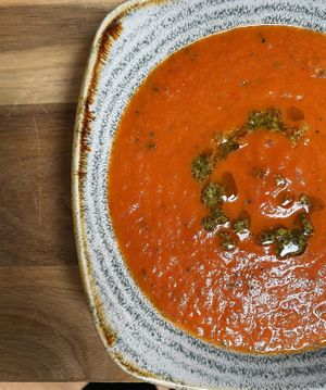 Vegan roasted red pepper and tomato soup at The Coffee Hut in Helston