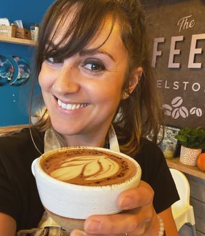 owner Natasha with an oaty mocha! at The Coffee Hut in Helston