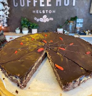 vegan, gluten ree, reiend sugar free raw brownie cake at The Coffee Hut in Helston