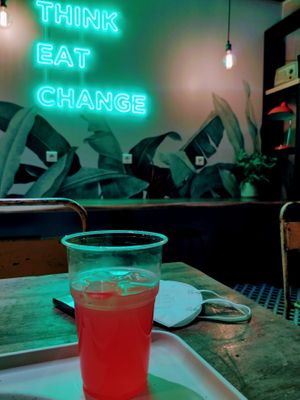 Strawberry lemon drink on the side, with our burger meal deal. Different. Interesting. at Copper Branch in Lisbon