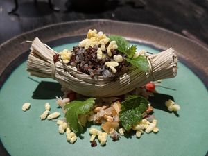 Truffle rice on pomelo salad. Part of set menu “Vietnam” (950k VND)  at Cổ Đàm Chay in Hanoi
