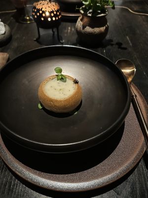 Mushroom soup in a bread bowl. Part of set menu “Vietnam” (950k VND)  at Cổ Đàm Chay in Hanoi