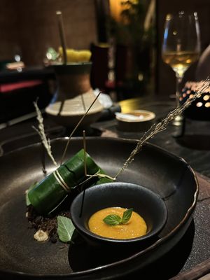 Sticky rice on mushroom floss. Part of set menu “Vietnam” (950k VND)  at Cổ Đàm Chay in Hanoi