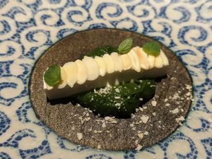 Silken tofu on holy basil pesto. Part of set menu “Vietnam” (950k VND)  at Cổ Đàm Chay in Hanoi