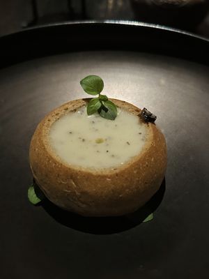 Mushroom soup in a bread bowl. Part of set menu “Vietnam” (950k VND)  at Cổ Đàm Chay in Hanoi