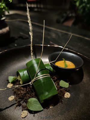 Sticky rice on mushroom floss. Part of set menu “Vietnam” (950k VND)  at Cổ Đàm Chay in Hanoi