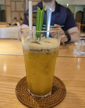 Fresh Pineapple juice with chia seeds at Bánh mí Vegan Vietnam in Hanoi