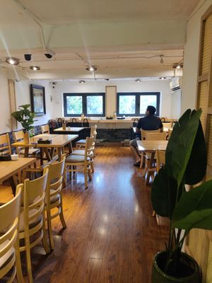 Upstairs seating at Bánh mí Vegan Vietnam in Hanoi