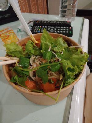 Vegetarian beef noodle soup (before I mixed the greenery) at Bánh mí Vegan Vietnam in Hanoi