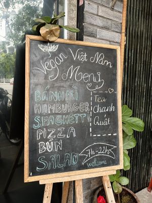 Chalkboard menu  at Bánh mí Vegan Vietnam in Hanoi