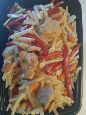 Tossed noodles with vegan chicken at Eat Greenz in Mt Holly