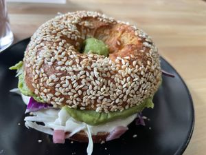 The bold bagel sandwich   at greenhouse coffee + plants in Corvallis