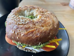 The beauty bagel sandwich   at greenhouse coffee + plants in Corvallis