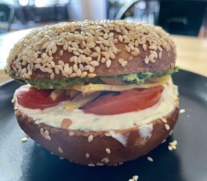 The brilliant bagel sandwich   at greenhouse coffee + plants in Corvallis