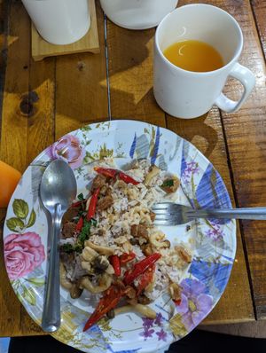 Vegan crispy pork belly with rice, mushrooms, and chilies at Universal Vegan in Hua Hin