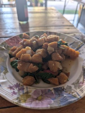 stir fried pork with basil at Universal Vegan in Hua Hin