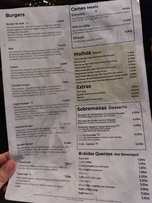 Menu at Green Burger in Lisbon