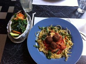 Spaghetti and salad at The Cheeze Factory Restaurant in Baraboo