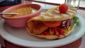 "chicken" tender sandwich and soup of the day (Mexican Vegetable). Both were so flavorful! at The Cheeze Factory Restaurant in Baraboo