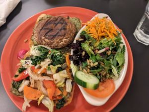 Portobello sandwich with salad at The Cheeze Factory Restaurant in Baraboo