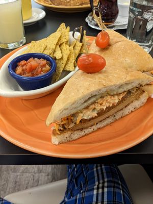 Deli-icious sandwich with chips and salsa at The Cheeze Factory Restaurant in Baraboo