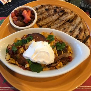 Spicy sausage and schmeggs at The Cheeze Factory Restaurant in Baraboo