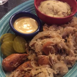 special of the day: vegan German sausage & sauerkraut  at The Cheeze Factory Restaurant in Baraboo