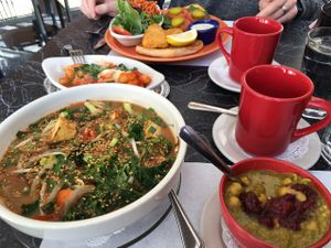 miso bowl, chickpea chili, gnocchi and fish sandwich at The Cheeze Factory Restaurant in Baraboo