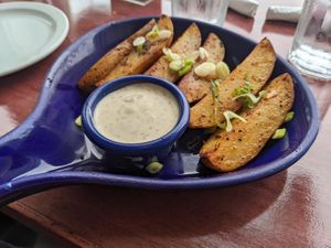 Potato wedges with a tangy mayo (so good!) at The Cheeze Factory Restaurant in Baraboo