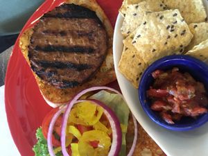 Beef-less burger.  at The Cheeze Factory Restaurant in Baraboo