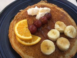 Pancakes with coconut custard.  at The Cheeze Factory Restaurant in Baraboo