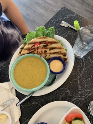 Soup and sandwich- “chicken” sandwich and cauliflower curry soup at The Cheeze Factory Restaurant in Baraboo