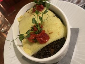 Lentil stew with mushrooms and root veggies - plus baked mashed potatoes - so yummiii!  at Kleehof in der Gaertnerstadt in Bamberg