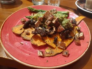 Roasted sweet potato toast with smoked tofu. Funnily enough they call it "toast" but there's no bread  at Zenith Brunch & Cocktails in Madrid