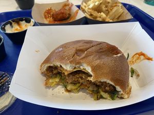 Flatiron burger, wings, waffle fries  at Meta Burger in Boulder